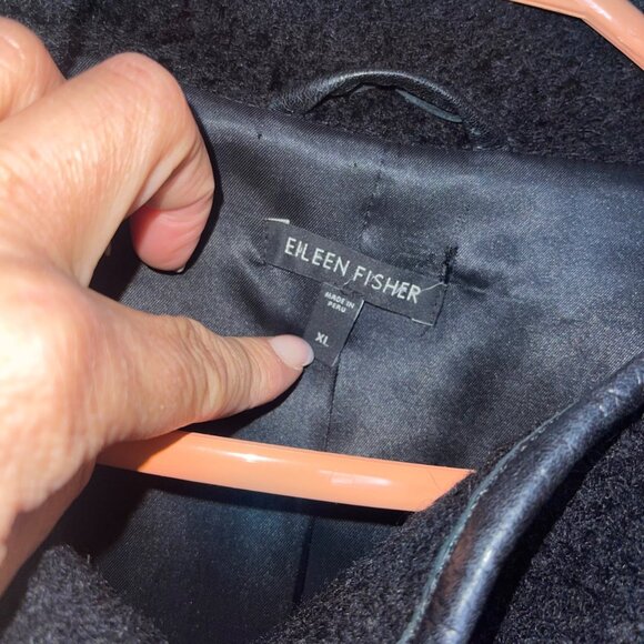 Eileen Fisher Womens Size XL Black Suri Alpaca Coat With Leather Trim Classic - Picture 12 of 14